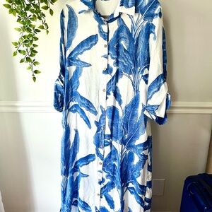 Blue and White Leaf Print Maxi Dress